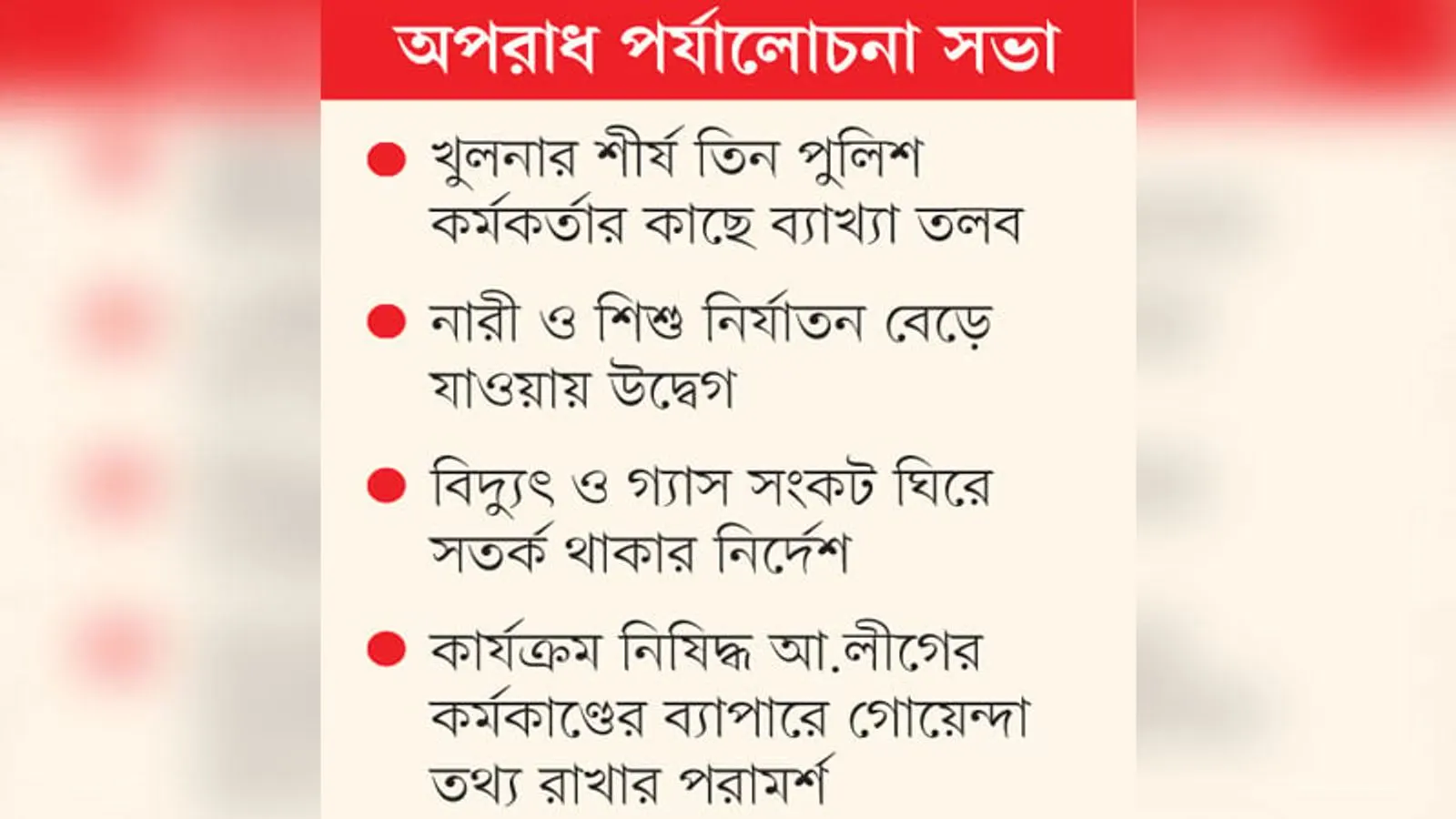 পুলিশের অপরাধ পর্যালোচনা সভা, খুলনায় উন্নতির সময়সীমা ১ মাস